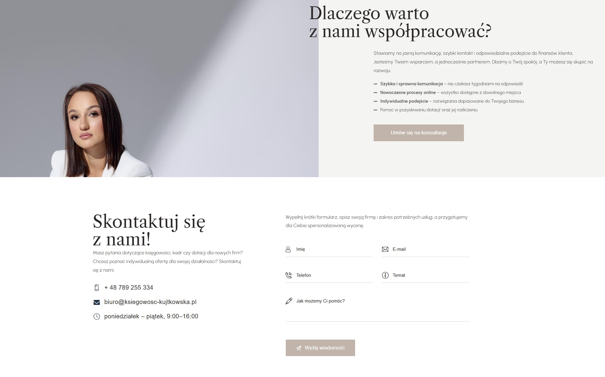 Profesjonalny wizerunek kobiety w białym żakiecie na stronie biura rachunkowego, zachęcający do kontaktu i współpracy. Formularz kontaktowy i dane firmy.