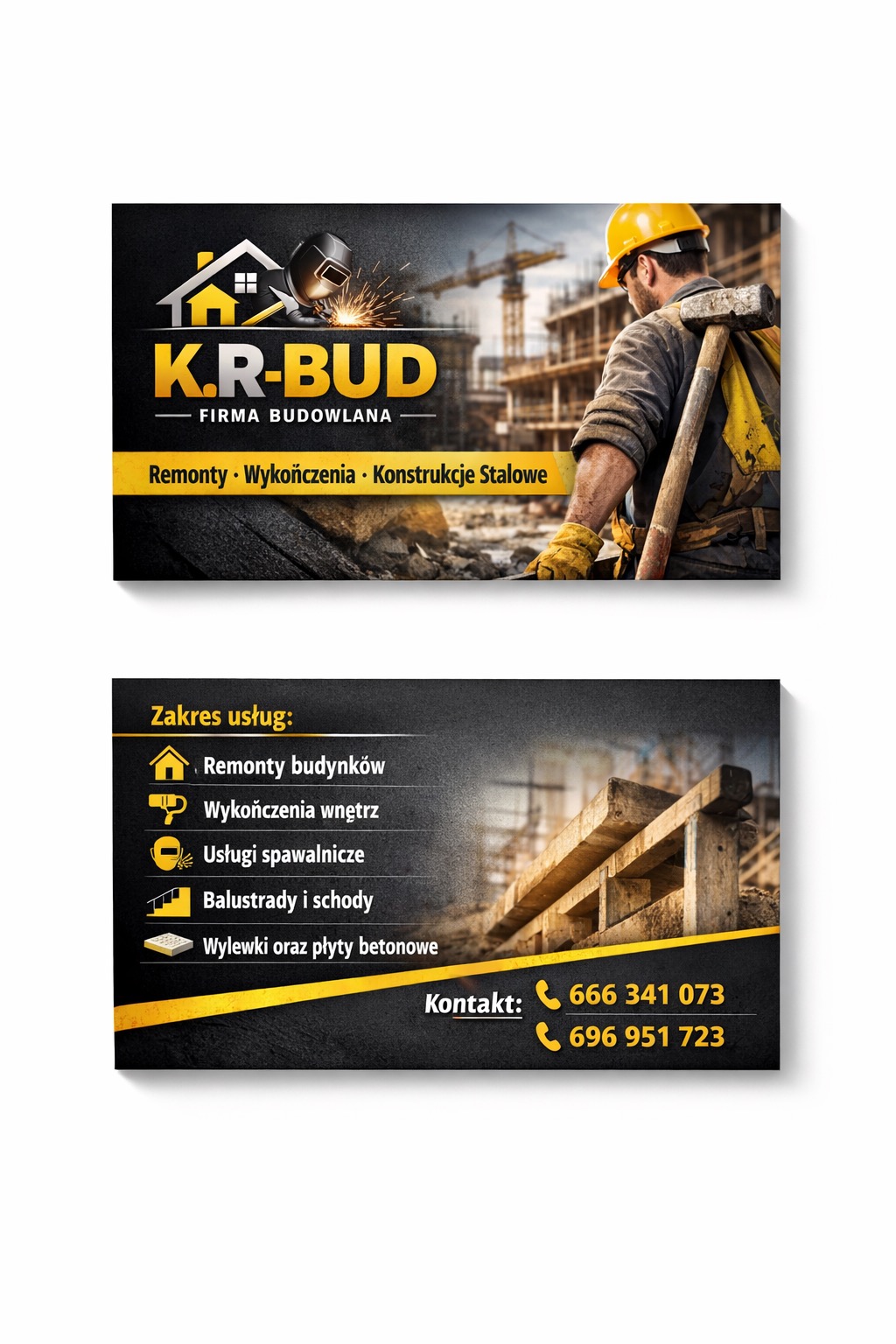 Wizytówka firmy budowlanej K.R-BUD z zakresem usług: remonty budynków, wykończenia wnętrz, usługi spawalnicze, balustrady i schody, wylewki oraz płyty betonowe.