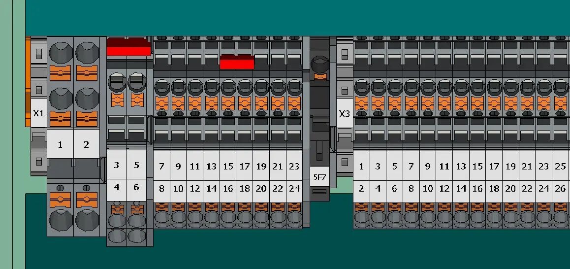 Schemat rozdzielnicy elektrycznej z numerowanymi złączami, widok z góry, prezentacja instalacji elektrycznej, szczegółowy układ elementów.