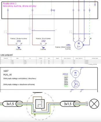 Schemat instalacji elektrycznej kuchni, z detalami dotyczącymi wentylatora i oświetlenia. Widoczne oznaczenia przewodów i elementów, lista połączeń.