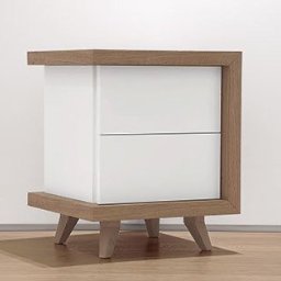 Vitek Olejnik - Biała szafka nocna z dwoma szufladami, obudowana ramą z jasnego drewna, na niskich nóżkach, w minimalistycznym stylu, na tle białej ściany i drewnianej podłogi.