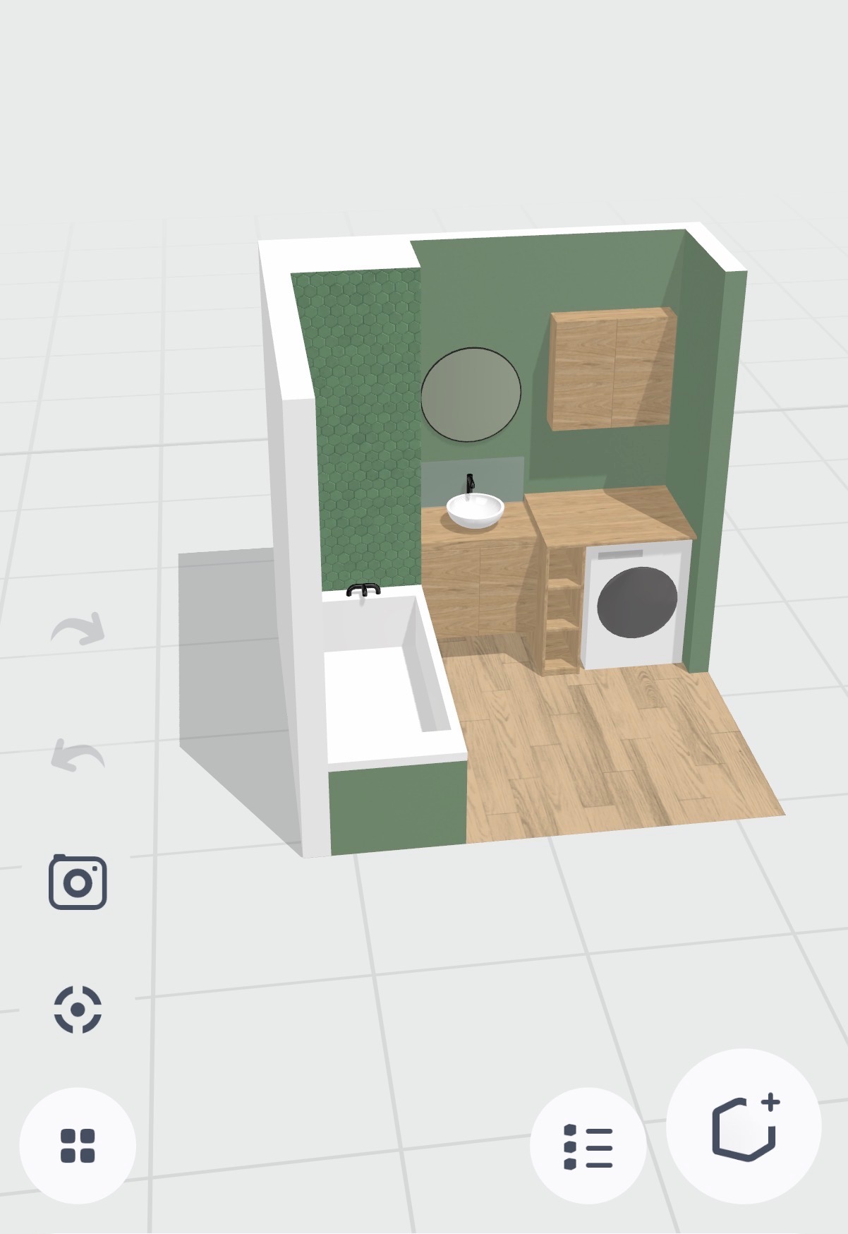 Wizualizacja 3D łazienki z wanną, umywalką, szafkami z drewnianymi frontami i pralką. Zielone ściany i heksagonalne płytki. Ujęcie z góry, widoczne ikony interfejsu.