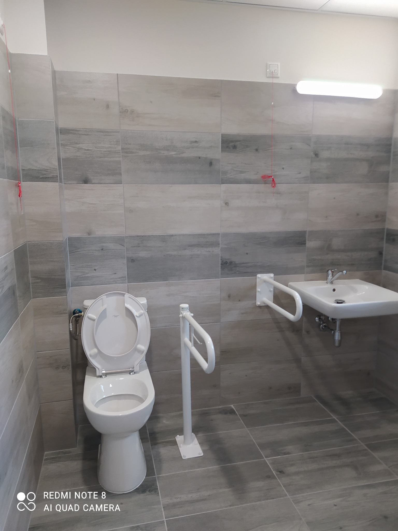 Wykończona łazienka z toaletą i umywalką, przystosowana dla osób z niepełnosprawnościami. Płytki imitujące drewno w odcieniach szarości i beżu. Białe uchwyty pomocnicze.