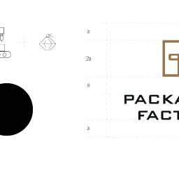 PROJEKT TECHNOLOGICZNY HACCP Kamila Szustakiewicz - Projekt logo i identyfikacji wizualnej dla Packaging Factory. Graficzne symbole, nazwa firmy i siatka modularna w minimalistycznym stylu na białym tle.