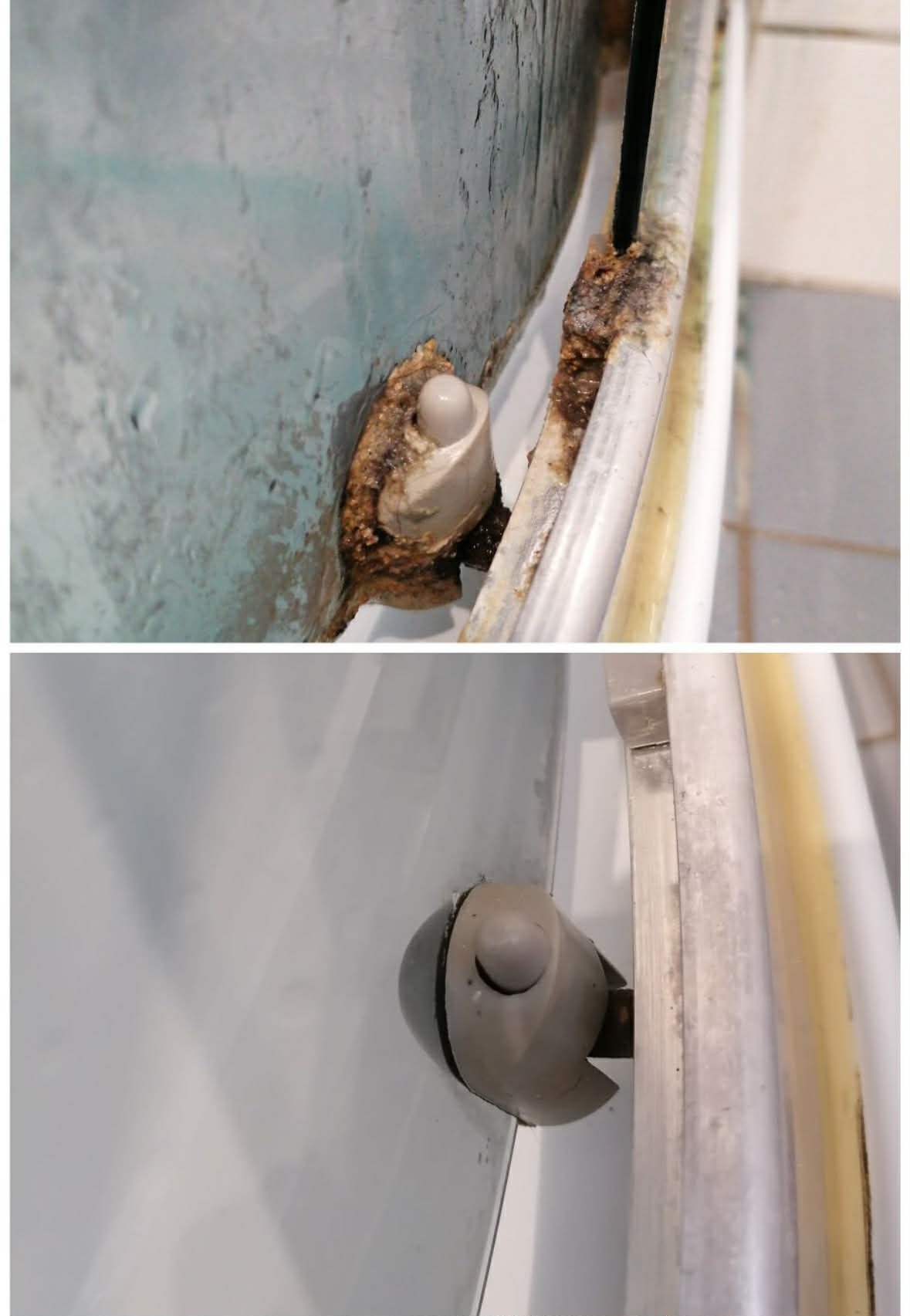 Kabina prysznicowa przed i po czyszczeniu: widoczne osady i rdza usunięte z prowadnic i mocowań. Porównanie stanu przed i po zabiegu.