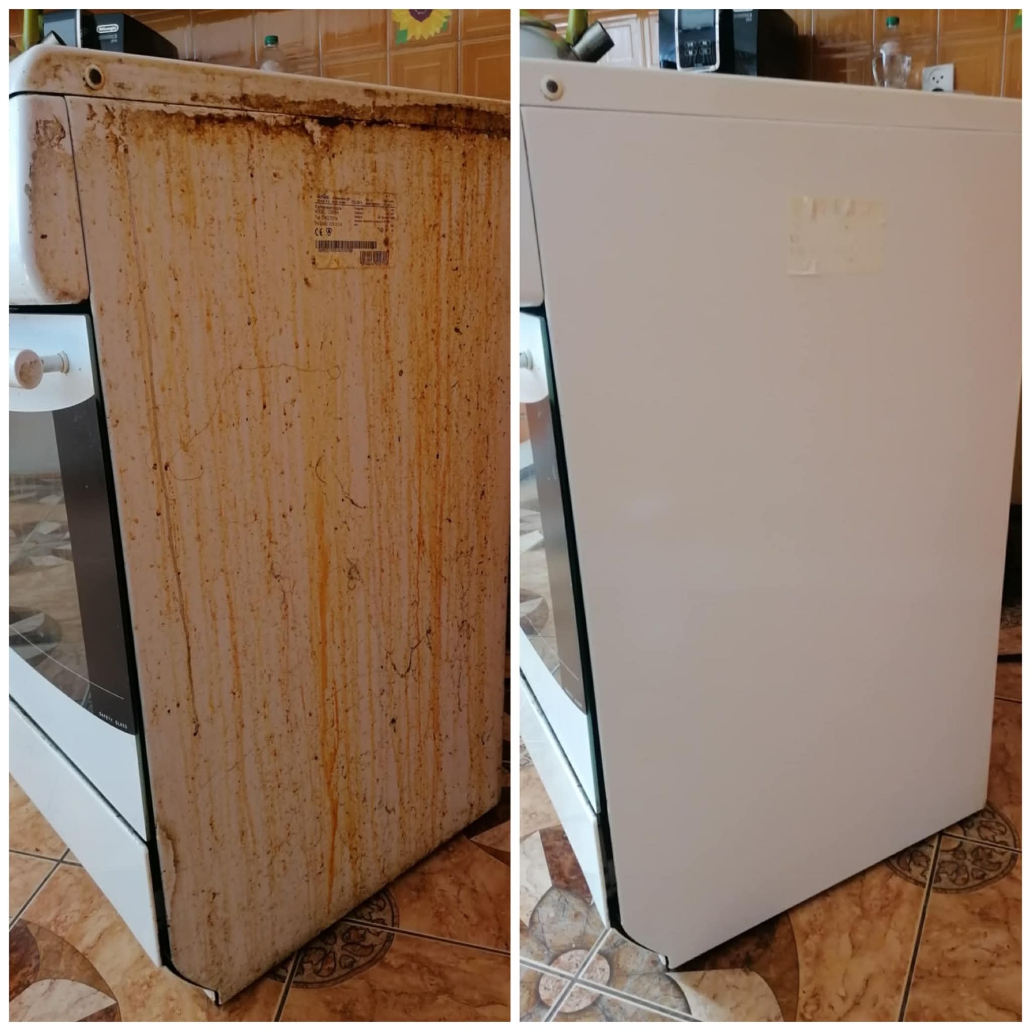 Kuchenka gazowa: widok przed i po czyszczeniu. Po lewej silne zabrudzenia, po prawej czysta, biała powierzchnia. Efekt sprzątania po remoncie lub gruntownego czyszczenia.