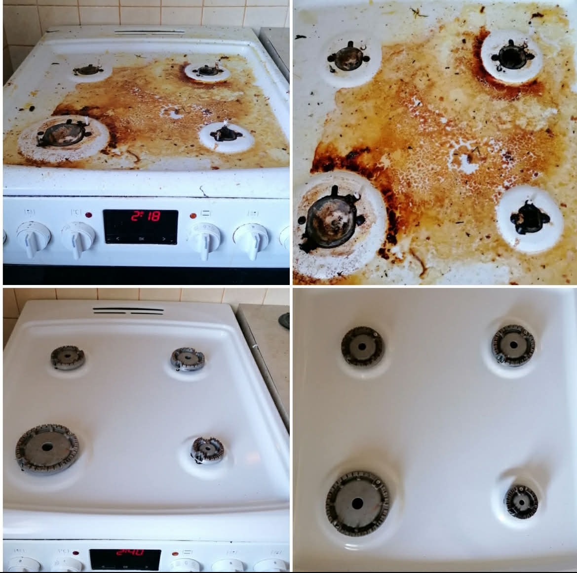 Kuchenka gazowa: widok przed i po czyszczeniu. Zabrudzona powierzchnia z tłustymi plamami i przypaleniami, a następnie lśniąca czystością, z widocznymi palnikami.