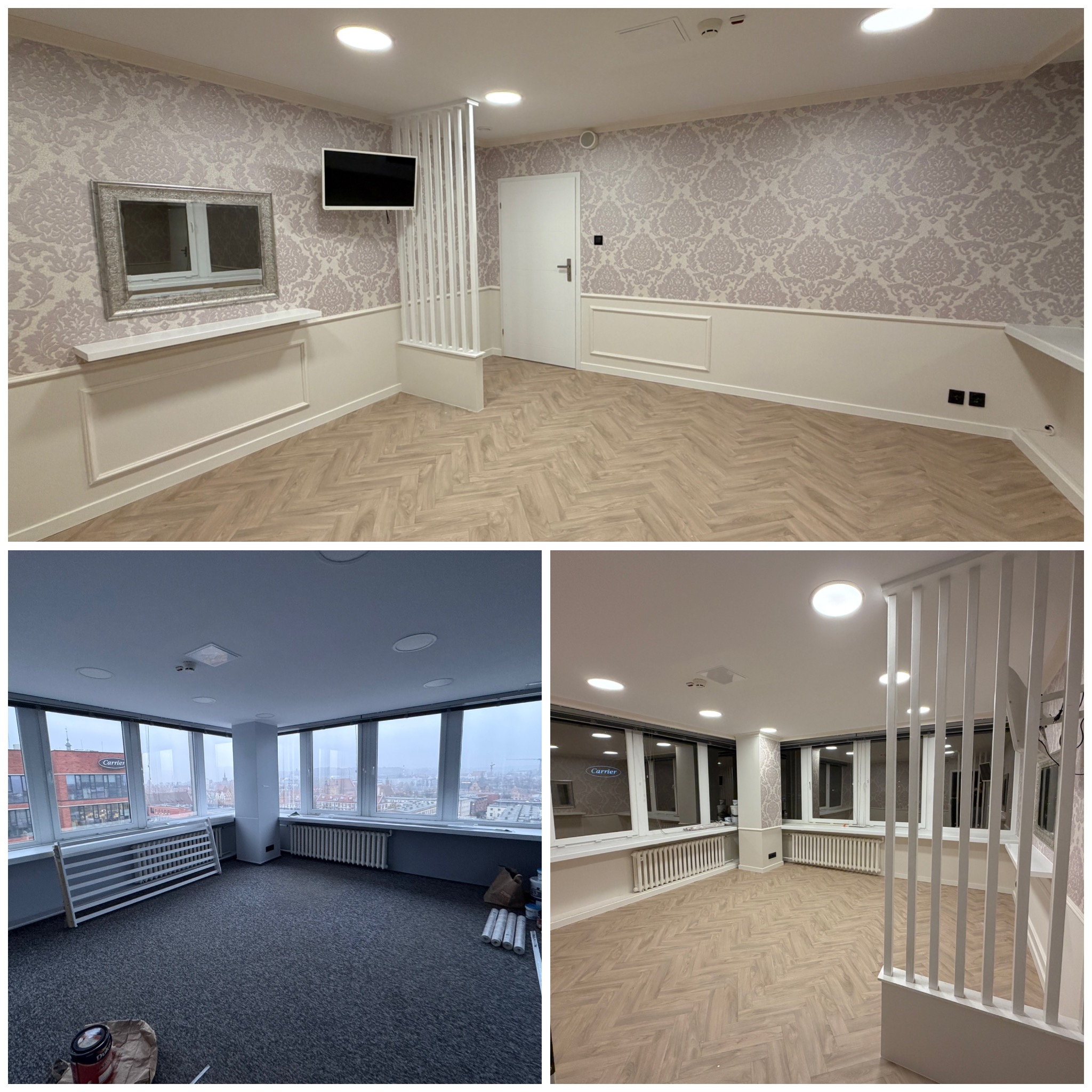 Kolaż: górne zdjęcie ukazuje wykończone wnętrze z parkietem w jodełkę, ozdobną tapetą i białą boazerią. Dolne zdjęcia prezentują stan przed i po remoncie biura.