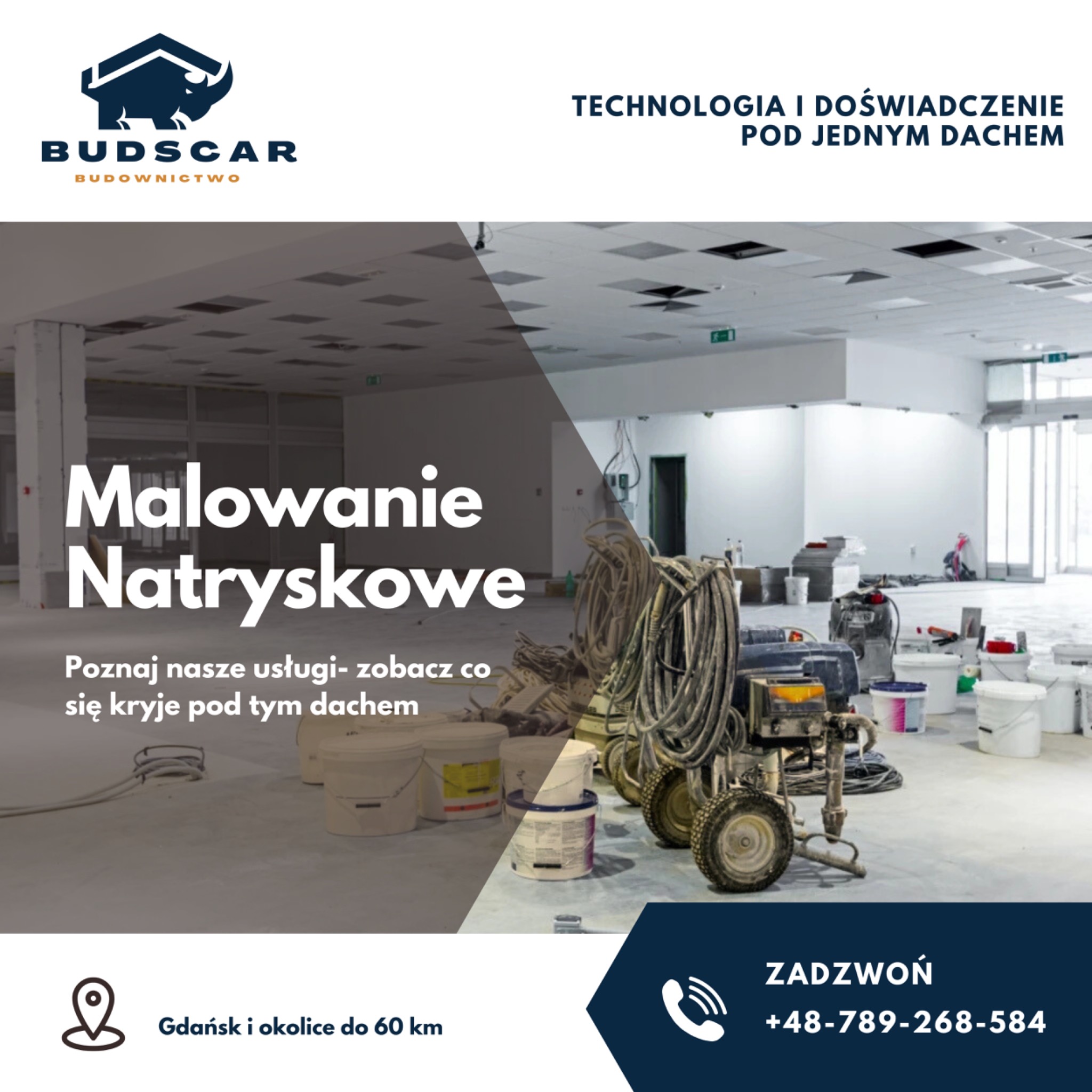 Malowanie natryskowe w biurze: sprzęt do malowania, puste wiadra po farbie na podłodze, świeżo pomalowane ściany. Gdańsk i okolice do 60 km.