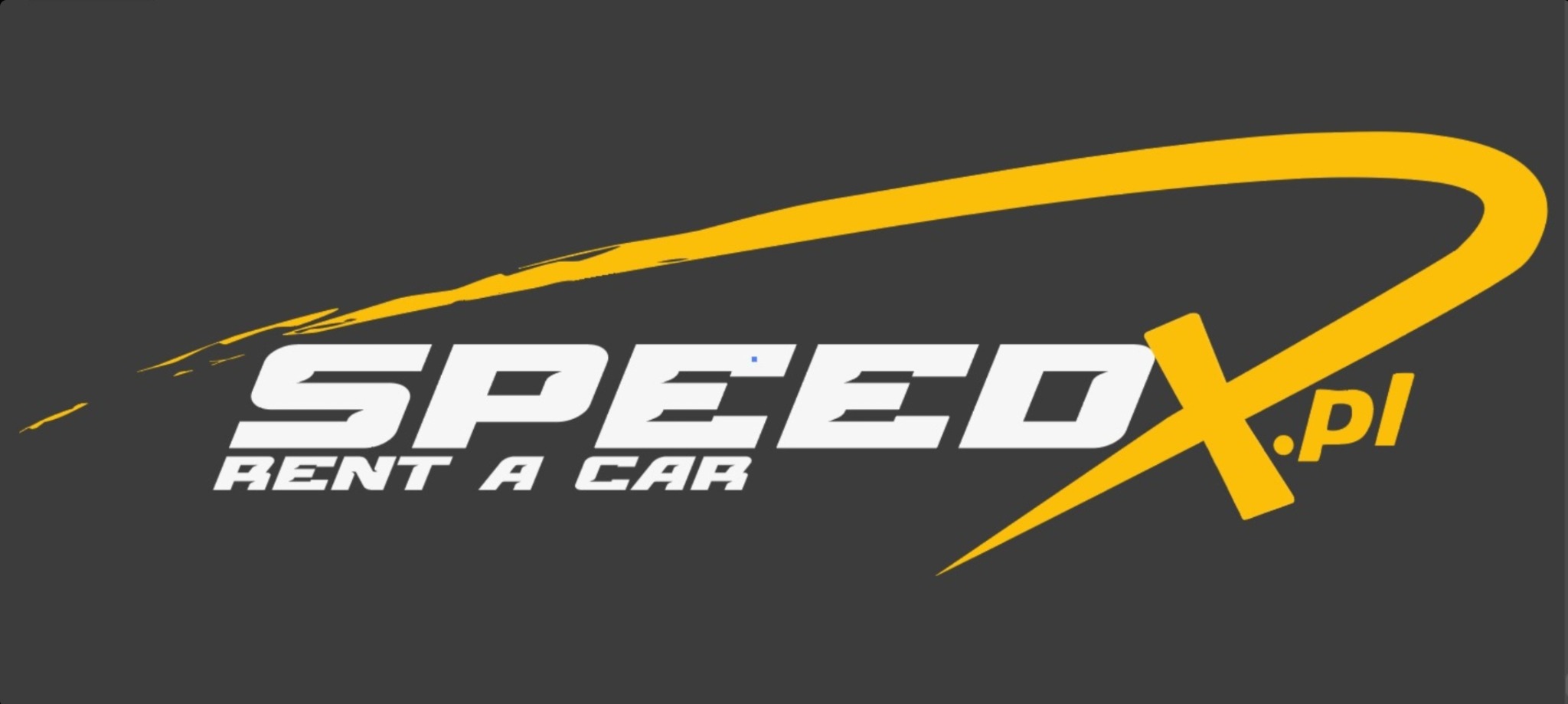 Logo SpeedX Rent a Car na szarym tle z żółtym akcentem graficznym. Biały napis 'SPEEDX' z dopiskiem 'RENT A CAR' poniżej. Żółty element graficzny nad napisem.