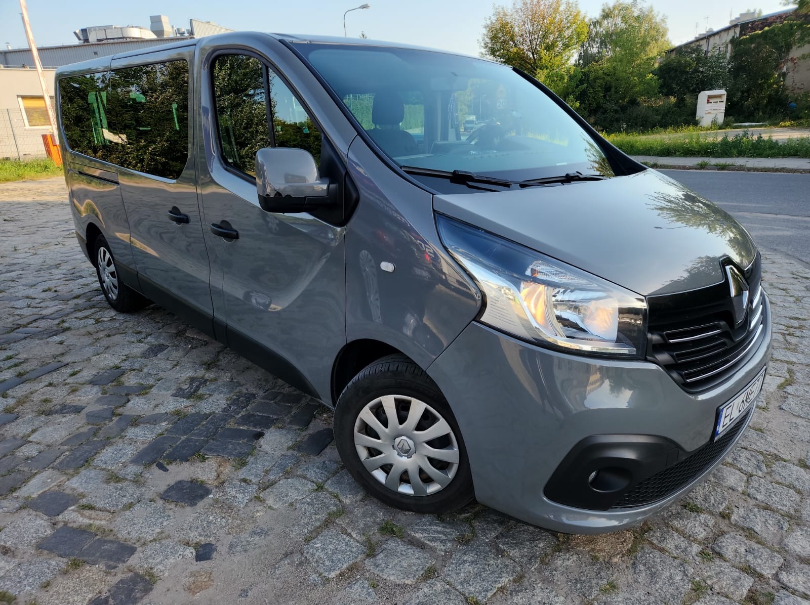 Szary, 9-osobowy bus Renault Trafic na brukowanej ulicy, z widocznym przednim reflektorem i odbiciem drzew w szybach. Dzień, lekki cień.