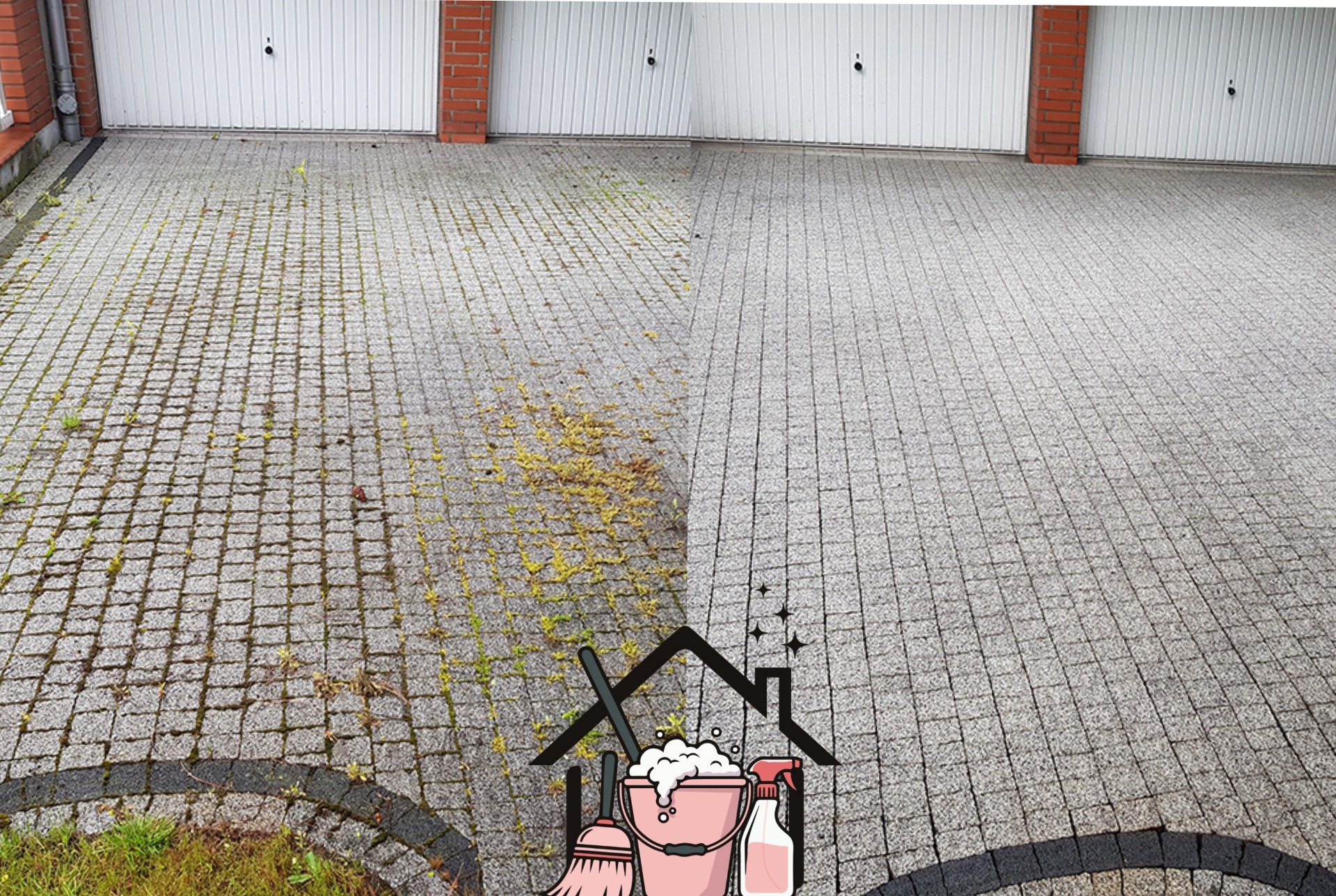 Kostka brukowa przed i po czyszczeniu, widoczne różnice w zabrudzeniach. Grafika z narzędziami do sprzątania w dolnej części zdjęcia.