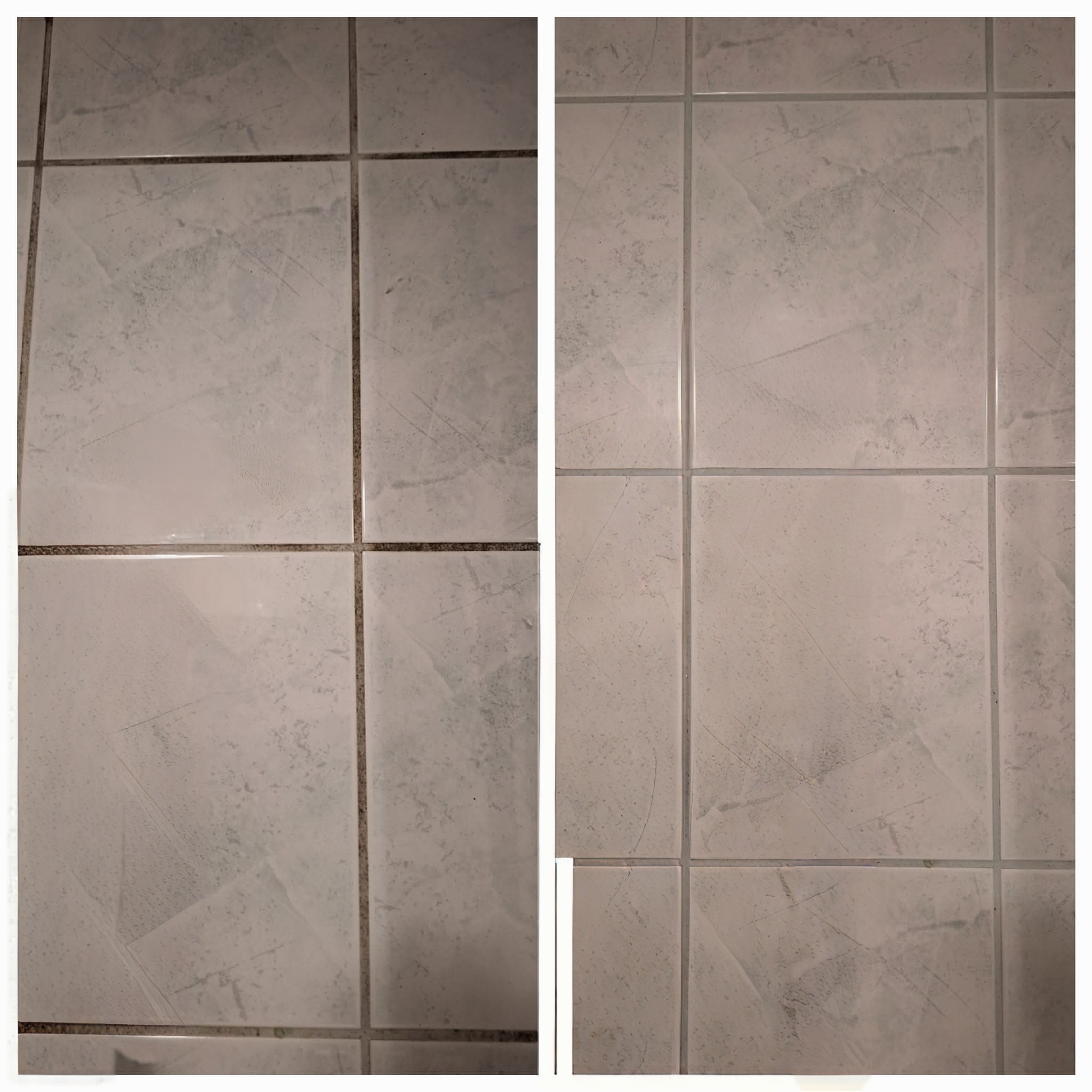 Zdjęcie 'przed i po' czyszczenia jasnych, kwadratowych płytek podłogowych z ciemnymi fugami. Po lewej stronie widoczne zabrudzenia, po prawej czyste płytki.