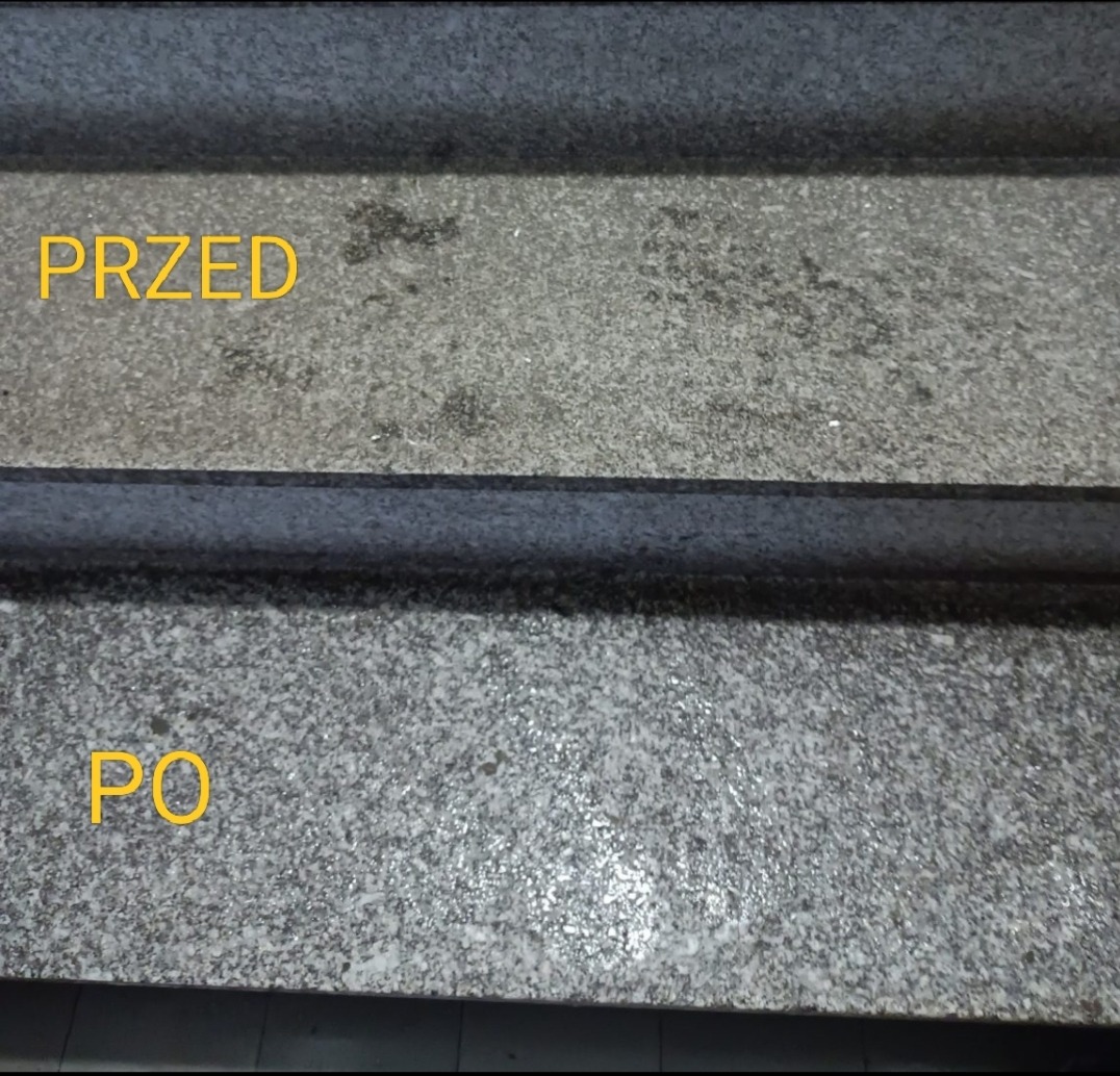Granitowe schody: górna część zabrudzona (PRZED), dolna - czysta (PO). Kontrastowe ujęcie prezentuje efekt mycia, ukazując różnicę w wyglądzie powierzchni.