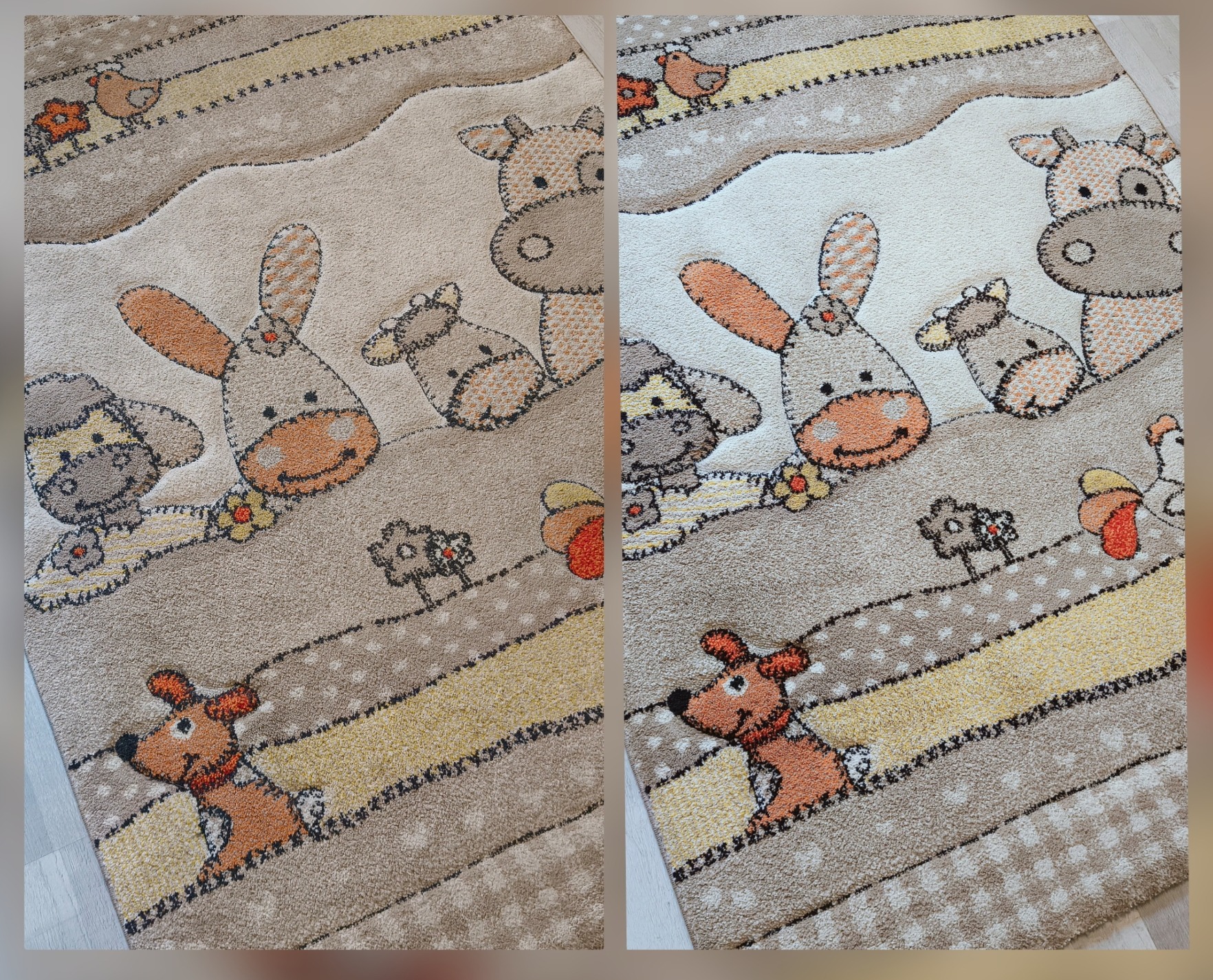 Dziecięcy dywan z motywem zwierząt przed i po czyszczeniu. Widoczna różnica w kolorze i usuniętych zabrudzeniach. Efekt prania dywanu.