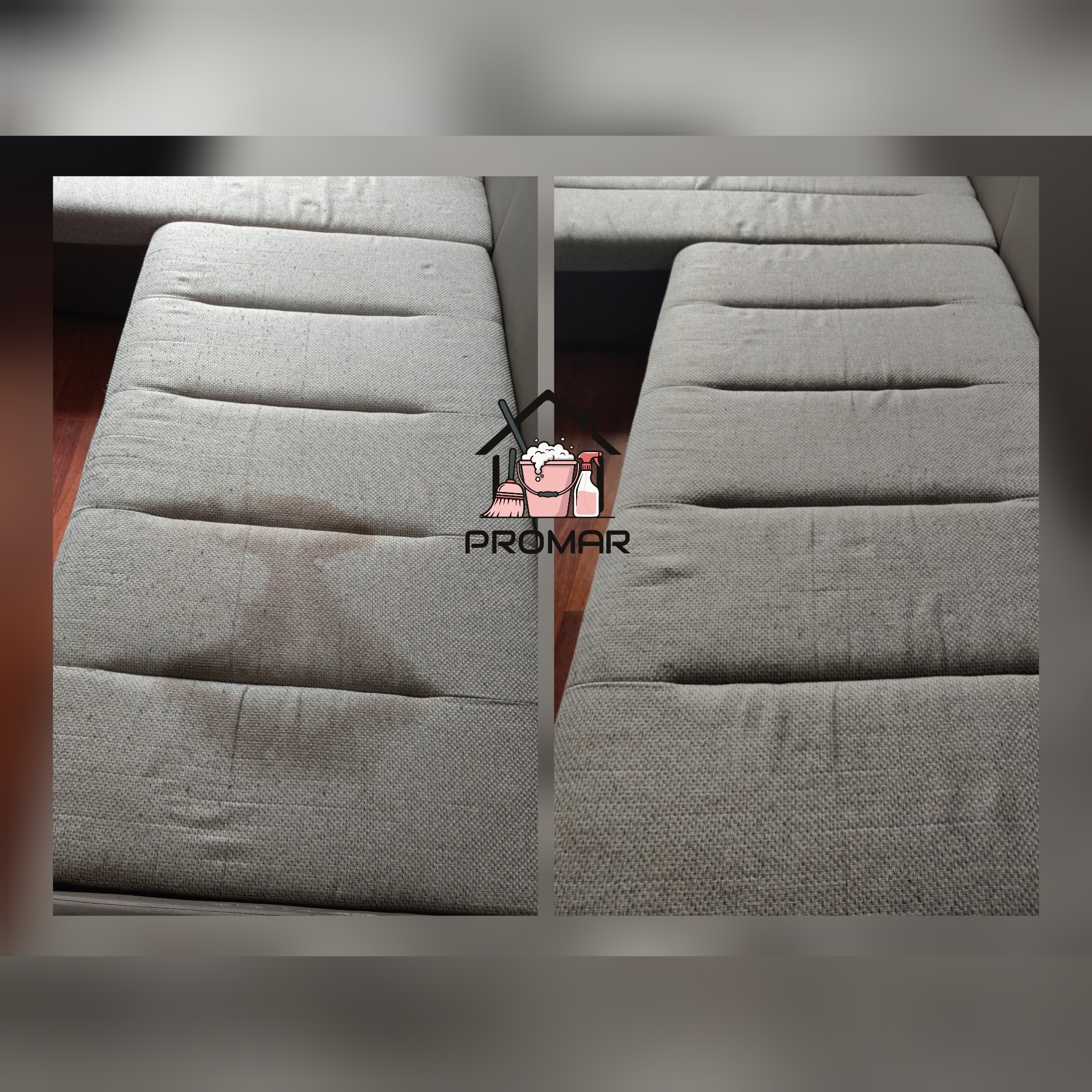 Zdjęcie przedstawia fragment sofy przed i po czyszczeniu. Po lewej stronie widoczne zabrudzenia, po prawej sofa czysta. W tle widoczna podłoga. Na środku logo firmy.