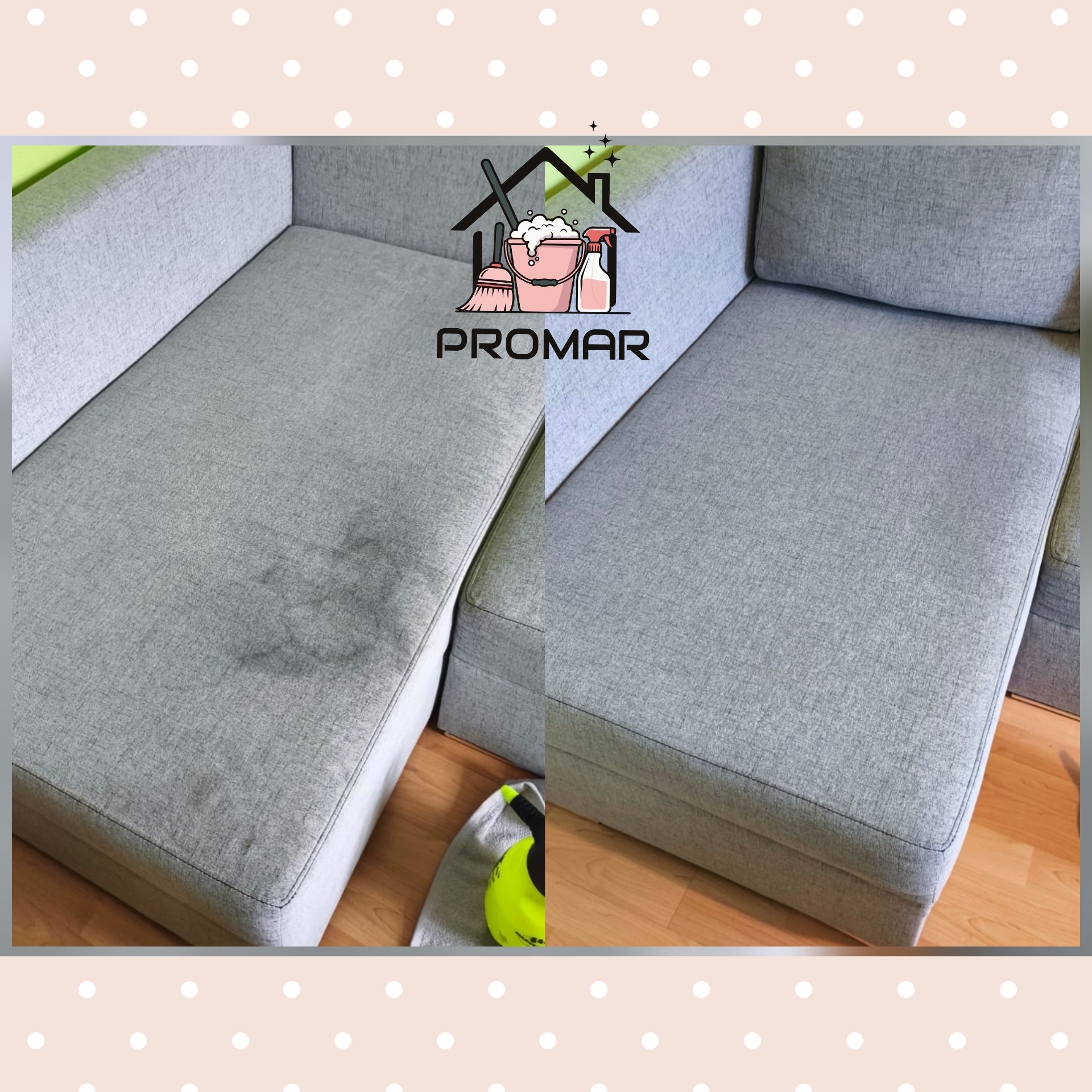 Szara kanapa narożna: widoczna różnica przed i po czyszczeniu tapicerki. Po lewej stronie widoczna plama, po prawej czysta powierzchnia. Na podłodze leży urządzenie czyszczące.