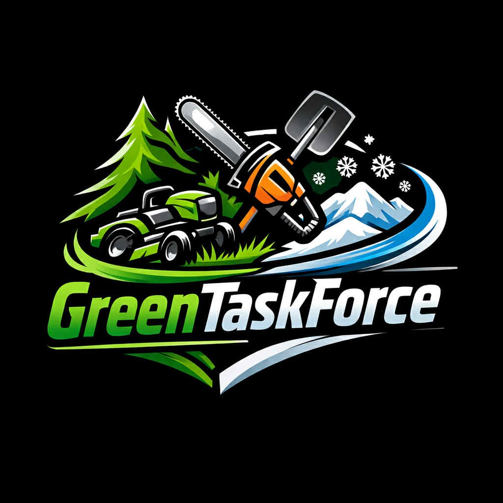 Grafika z logotypem 'Green TaskForce' przedstawiająca piłę łańcuchową, łopatę do śniegu, choinkę, mały traktor i góry w zimowej scenerii na czarnym tle.