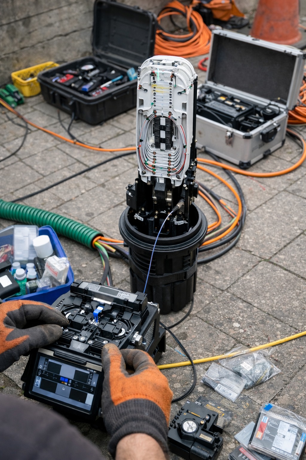 Prace przy światłowodzie: spawarka światłowodowa w użyciu, otwarty rozdzielacz światłowodowy, kable i narzędzia na chodniku z kostki. Pomarańczowe rękawice robocze.