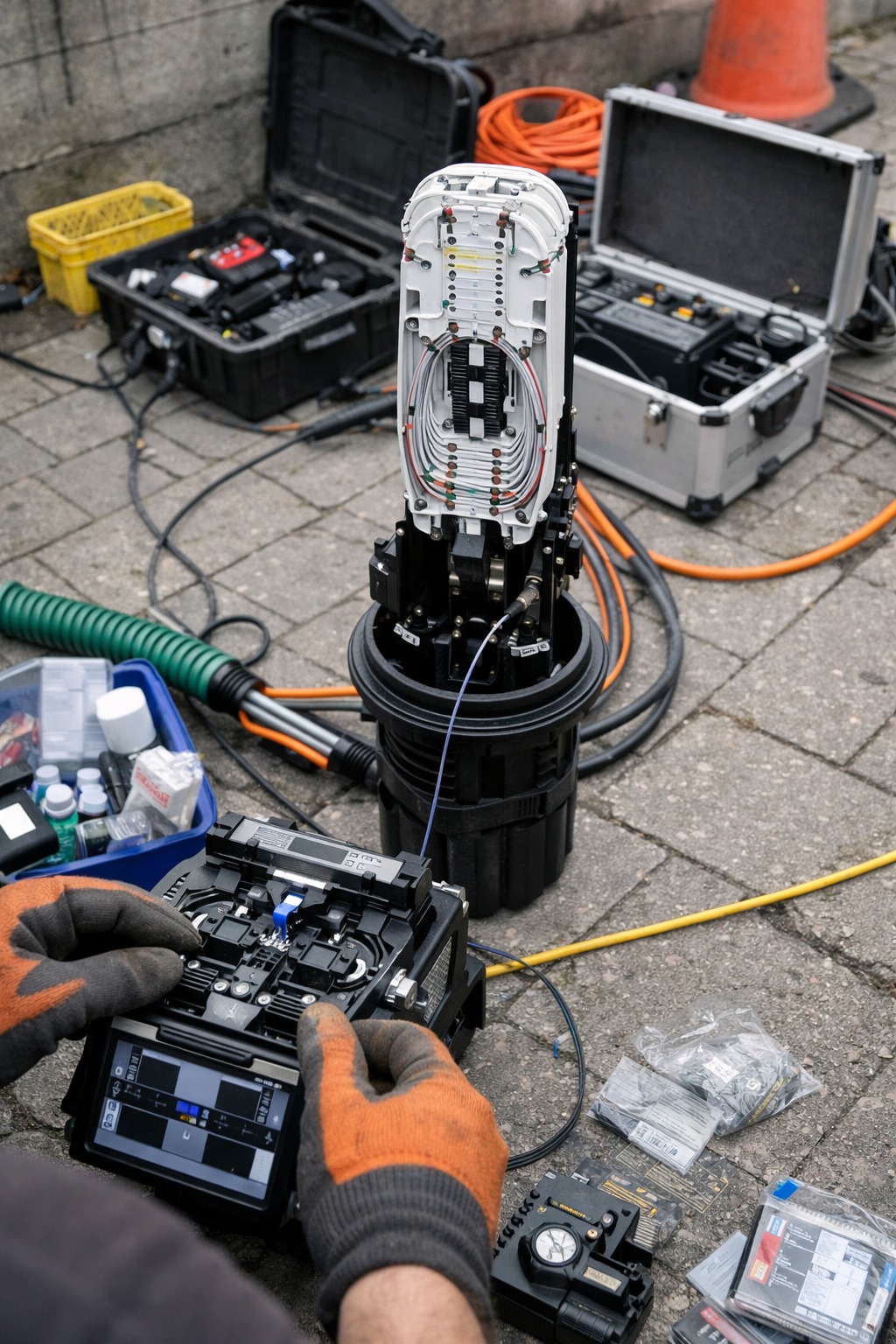 Montera światłowodów podczas pracy przy splicerze, z otwartą studzienką kablową i narzędziami w tle. Pomarańczowe rękawice, szara kostka brukowa.