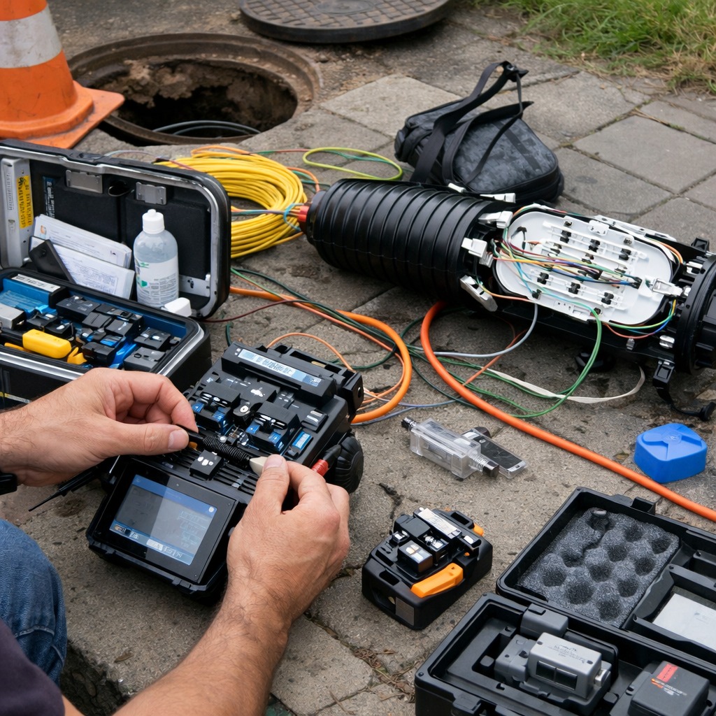 Technik łączy światłowód za pomocą specjalistycznego sprzętu na chodniku, obok otwartego włazu i pomarańczowego pachołka. Widoczne kable i narzędzia w otwartych walizkach.