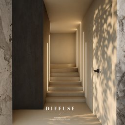 Diffuse Design Studio Dominika Wasik - Minimalistyczne schody z subtelnym oświetleniem LED wzdłuż ścian, marmurowe wykończenia i gra światła słonecznego na drzwiach. Stonowana kolorystyka.