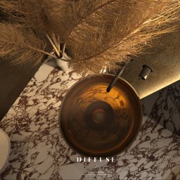 Diffuse Design Studio Dominika Wasik - Dekoracyjna misa z oświetleniem punktowym i suchymi trawami na marmurowym blacie, widok z góry, ciepłe oświetlenie, element aranżacji wnętrza.