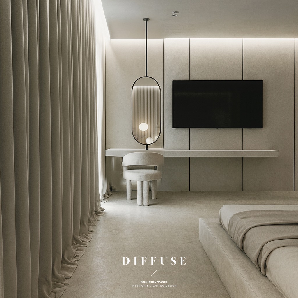 Minimalistyczna sypialnia w beżach: długa konsola z owalnym lustrem i krzesłem, telewizor na ścianie, zasłony po lewej, fragment łóżka po prawej. Subtelne oświetlenie LED.