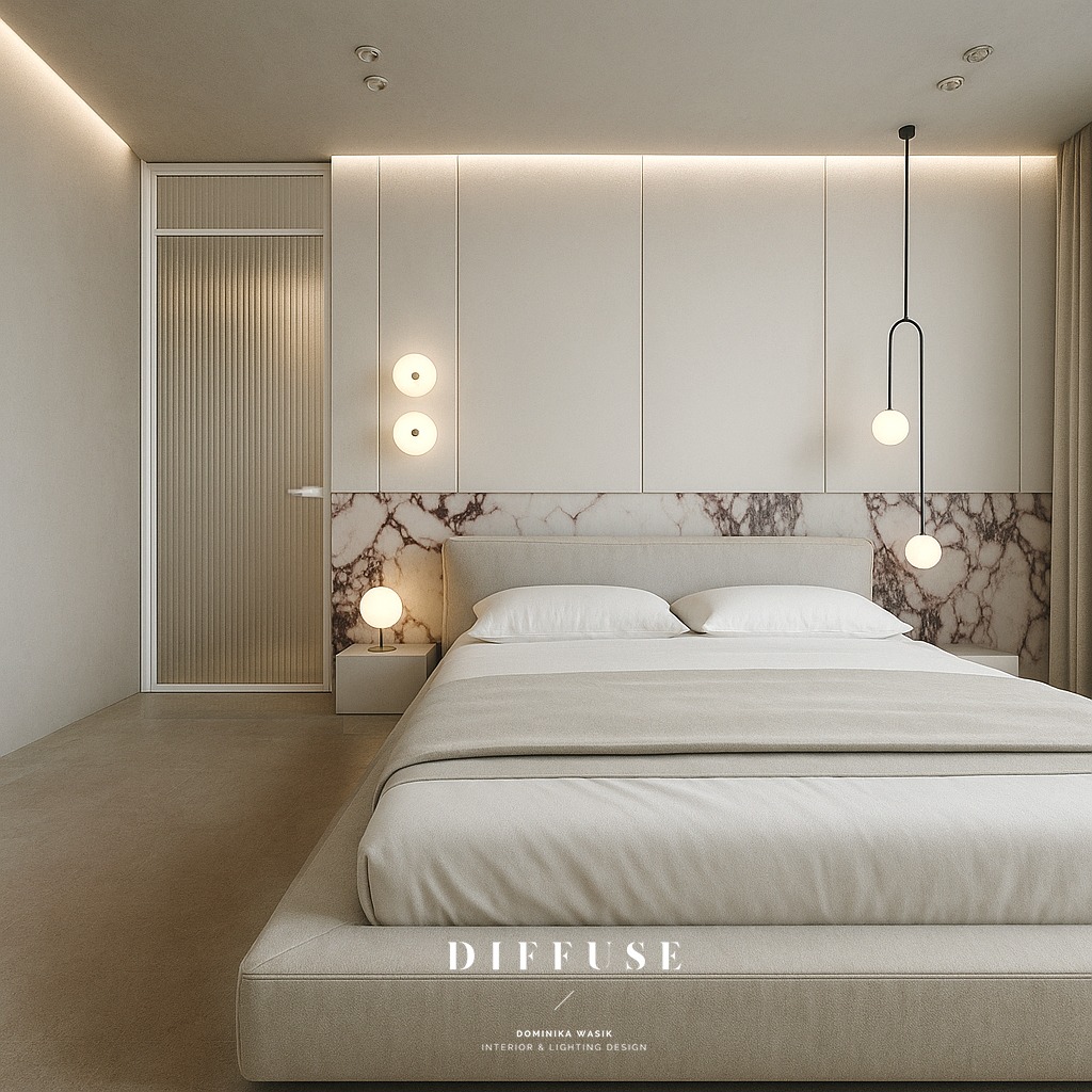 Elegancka sypialnia w beżach z marmurowym akcentem za łóżkiem. Minimalistyczne lampy wiszące i ścienne. Subtelne oświetlenie LED podkreśla nowoczesny design.