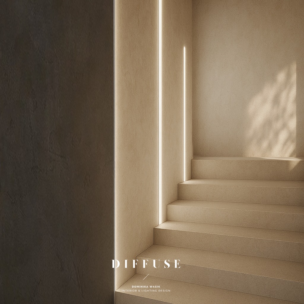 Minimalistyczne schody z oświetleniem LED wzdłuż ścian, ciepłe barwy, cień liści na ścianie, gładkie powierzchnie, nowoczesny design.