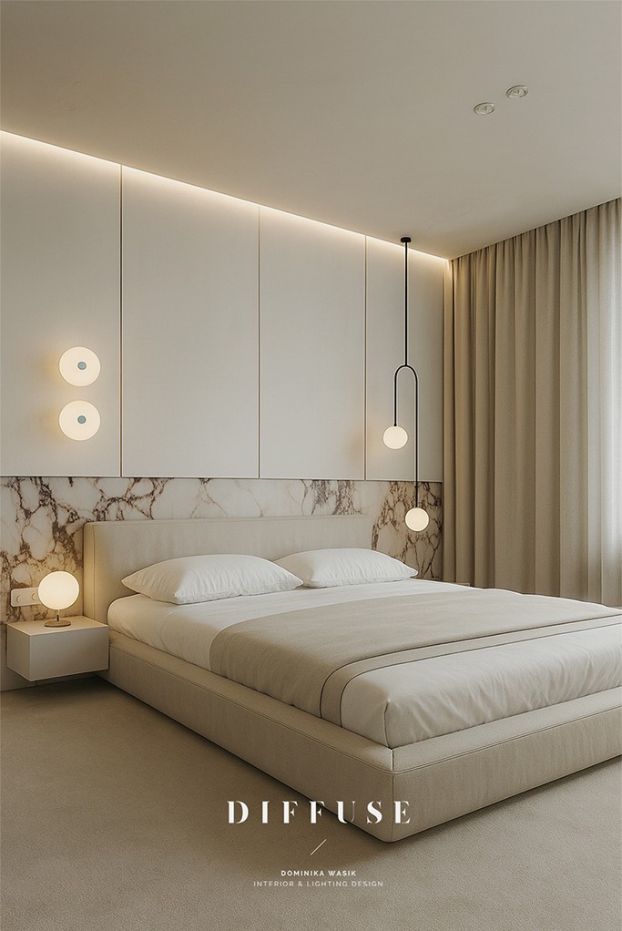 Elegancka sypialnia z marmurowym wezgłowiem, oświetleniem LED i minimalistyczną lampą wiszącą. Stonowana kolorystyka, beżowe tekstylia i nowoczesny design.