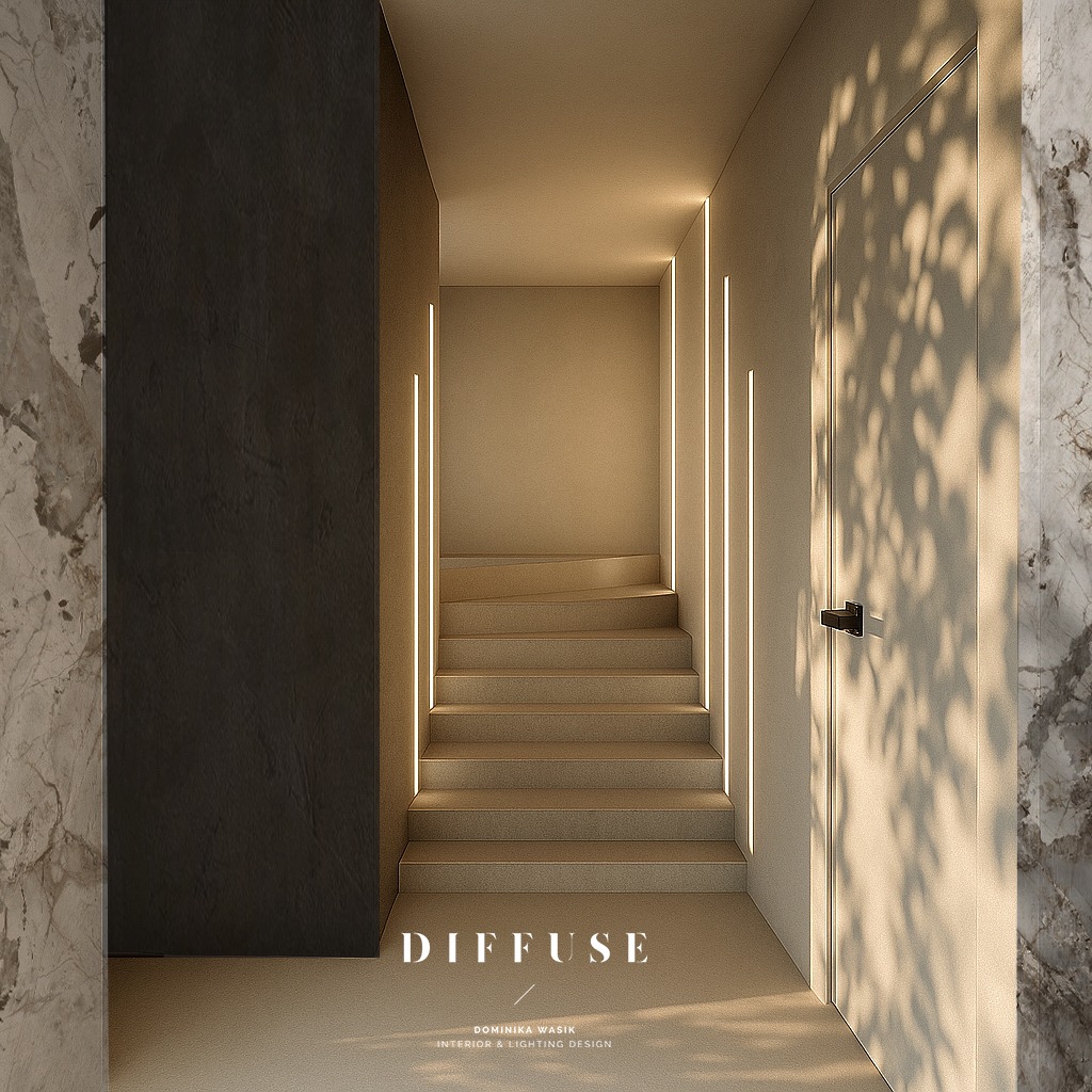 Minimalistyczne schody z subtelnym oświetleniem LED wzdłuż ścian, marmurowe wykończenia i gra światła słonecznego na drzwiach. Stonowana kolorystyka.