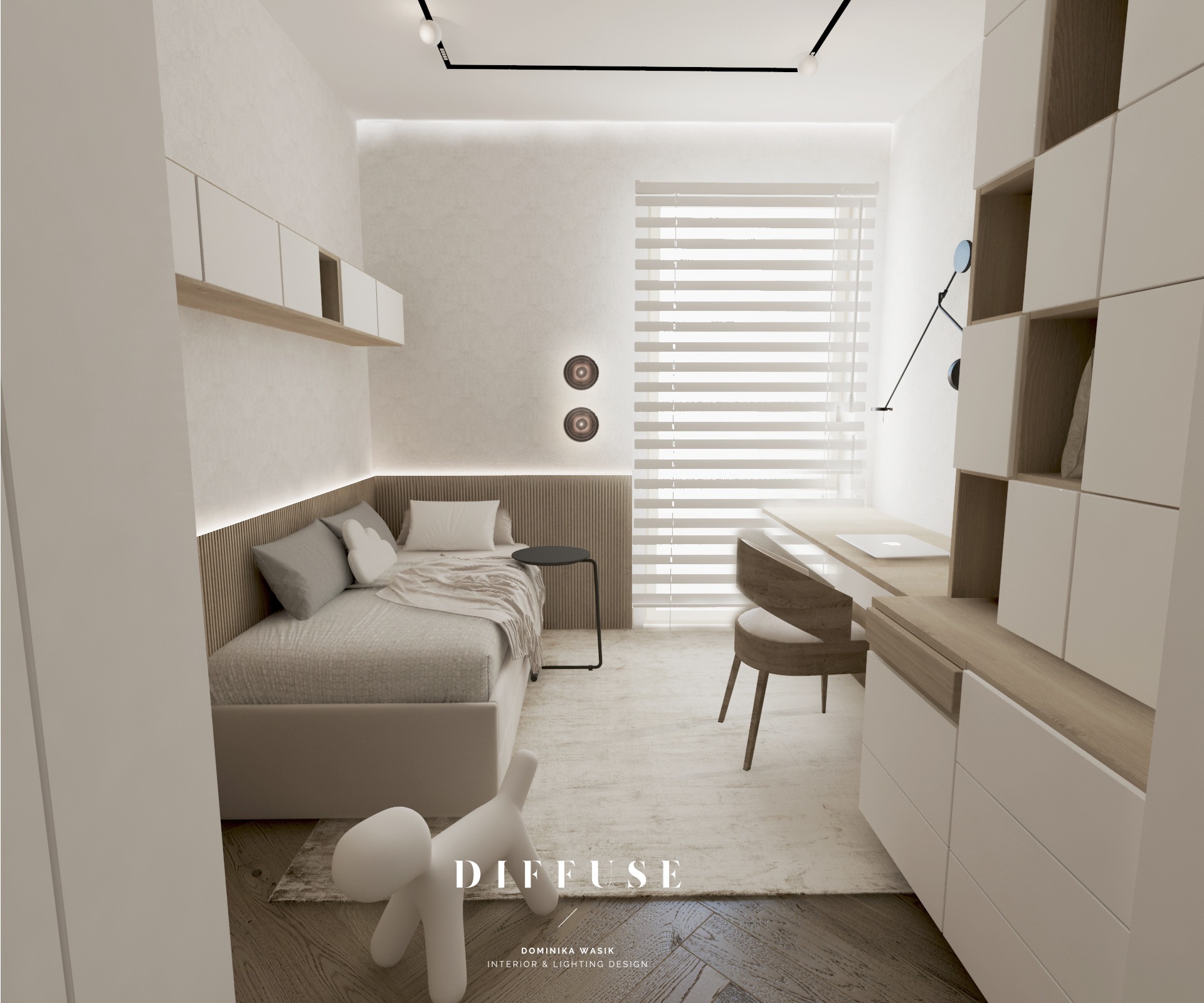 Jasna aranżacja pokoju młodzieżowego z łóżkiem, biurkiem i regałem. Stonowana kolorystyka, minimalistyczne oświetlenie, zabawka w kształcie psa na pierwszym planie.