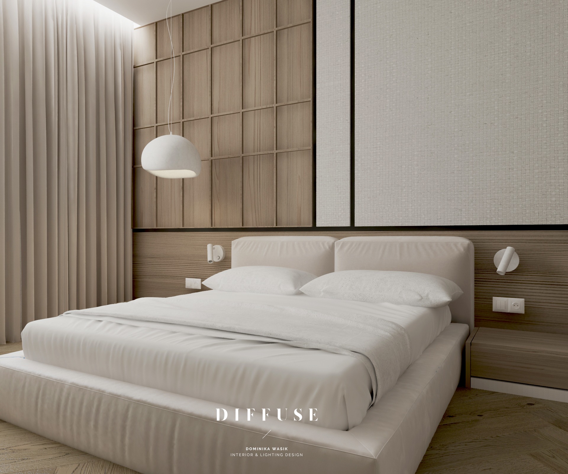 Elegancka sypialnia w neutralnych barwach z drewnianą ścianą, minimalistyczną lampą wiszącą i tekstylną dekoracją ścienną. Subtelne oświetlenie podkreśla detale.