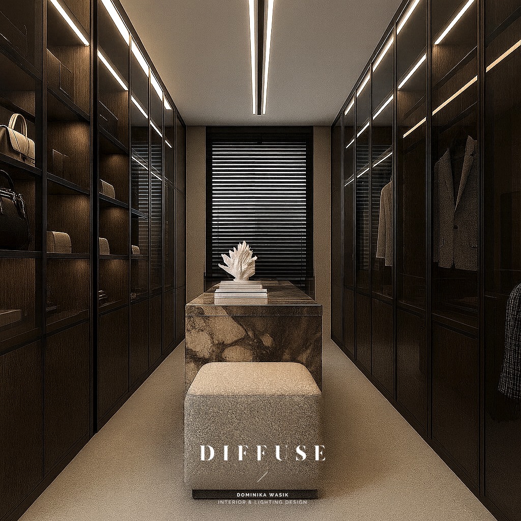 Nowoczesna garderoba z ciemnego drewna i szklanymi frontami, oświetlona ledami, z marmurowym blatem i pufą. W tle okno z żaluzjami.