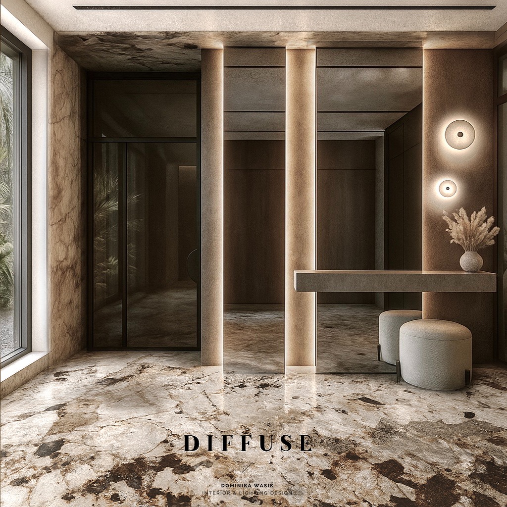 Eleganckie wnętrze z marmurową podłogą i ścianami, oświetlone pionowymi lampami LED. W tle widoczne drzwi i minimalistyczna konsola z pufami.