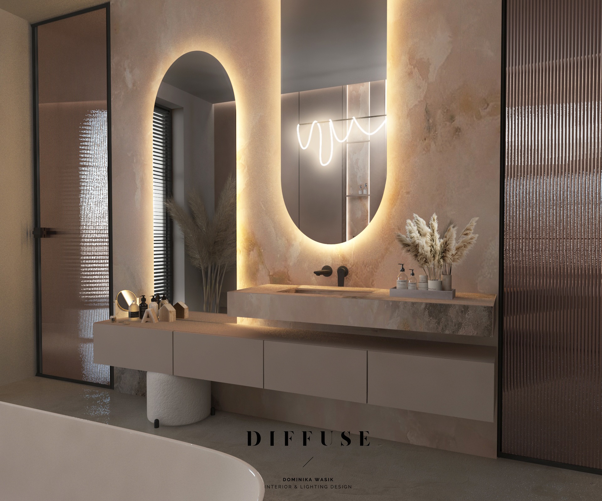 Elegancka łazienka z owalnym lustrem podświetlanym LED, beżową szafką pod umywalką i dekoracyjnymi trawami. Ściany w odcieniach beżu z efektem kamienia.