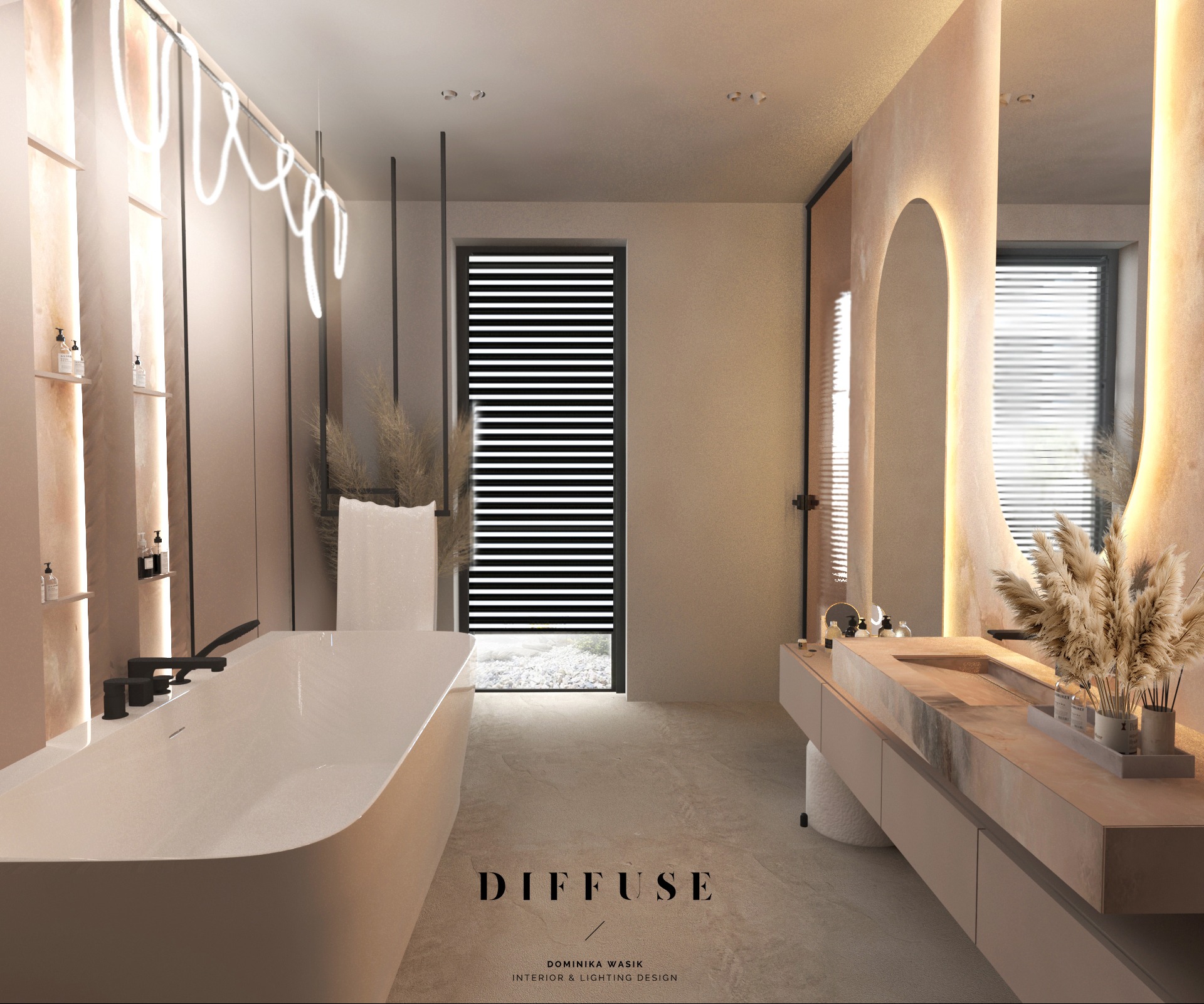 Beżowa łazienka z wanną, umywalką i oświetleniem LED. Minimalistyczny design z elementami dekoracyjnymi, takimi jak trawa pampasowa. Nowoczesne wnętrze.