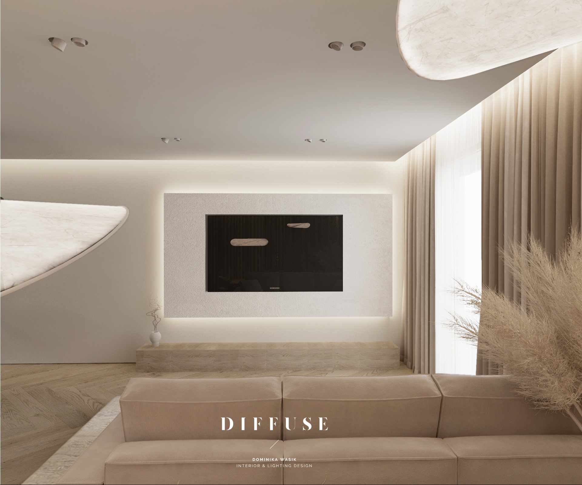 Jasny salon z beżową sofą, telewizorem w ozdobnej ramie i elementami dekoracyjnymi, oświetlony listwami LED. Minimalistyczny design z akcentami naturalnymi.