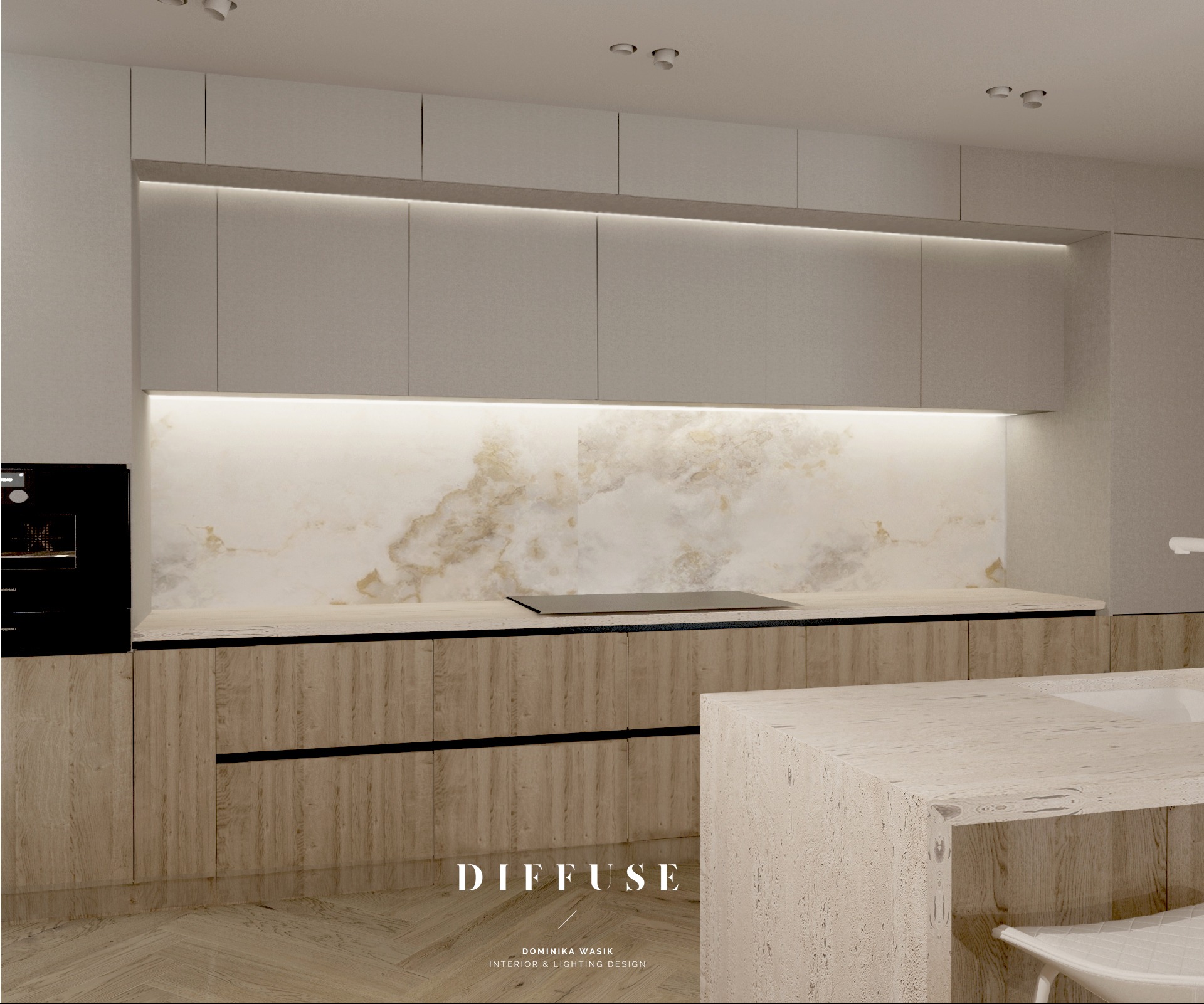 Nowoczesna kuchnia z drewnianymi szafkami, marmurowym blatem i oświetleniem LED. Minimalistyczny design z wyspą kuchenną i czarnym piekarnikiem w zabudowie.
