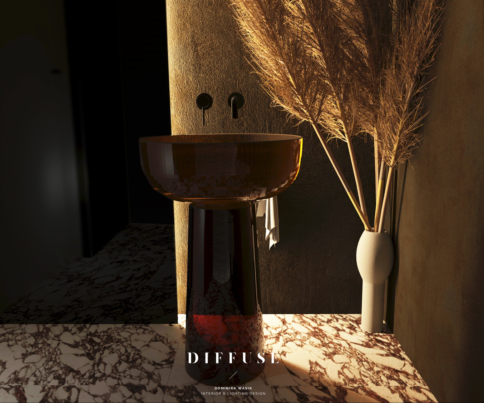 Elegancka łazienka z umywalką w kształcie misy na postumencie, minimalistyczna armatura, marmurowa podłoga i dekoracyjne trawy w wazonie. Ciepłe oświetlenie.