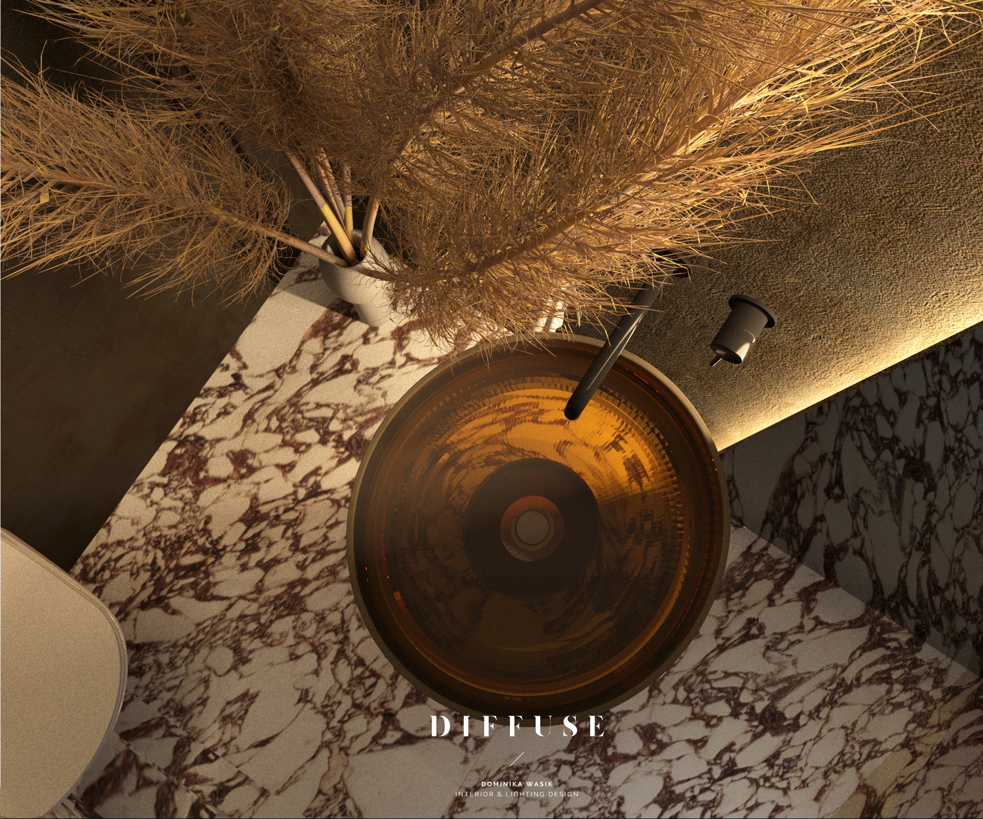 Dekoracyjna misa z oświetleniem punktowym i suchymi trawami na marmurowym blacie, widok z góry, ciepłe oświetlenie, element aranżacji wnętrza.