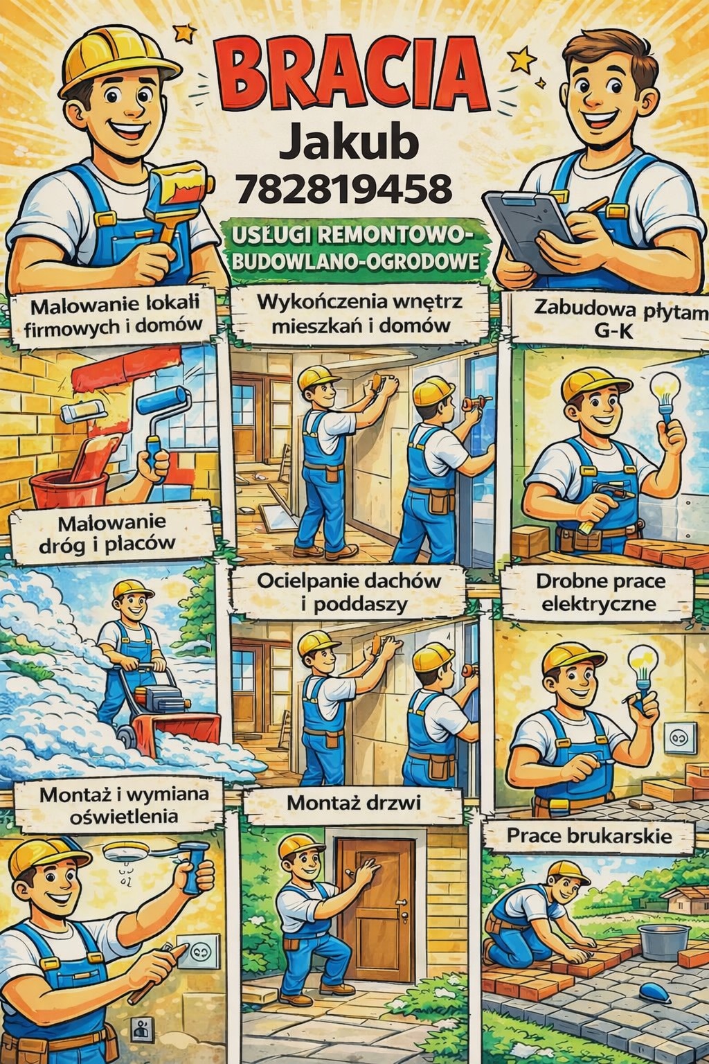 Ilustracja prezentująca szeroki zakres usług remontowo-budowlanych i ogrodowych, w tym malowanie, wykończenia, zabudowę G-K, ocieplanie, elektrykę, montaż oświetlenia i brukarstwo.
