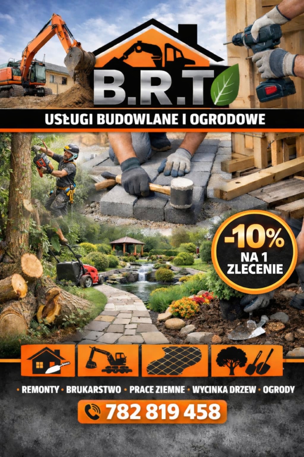 Kompozycja zdjęć usług budowlanych i ogrodowych B.R.T. z rabatem -10%. Widoczny bruk, wycinka drzew, prace ziemne i remonty. Numer telefonu na dole.