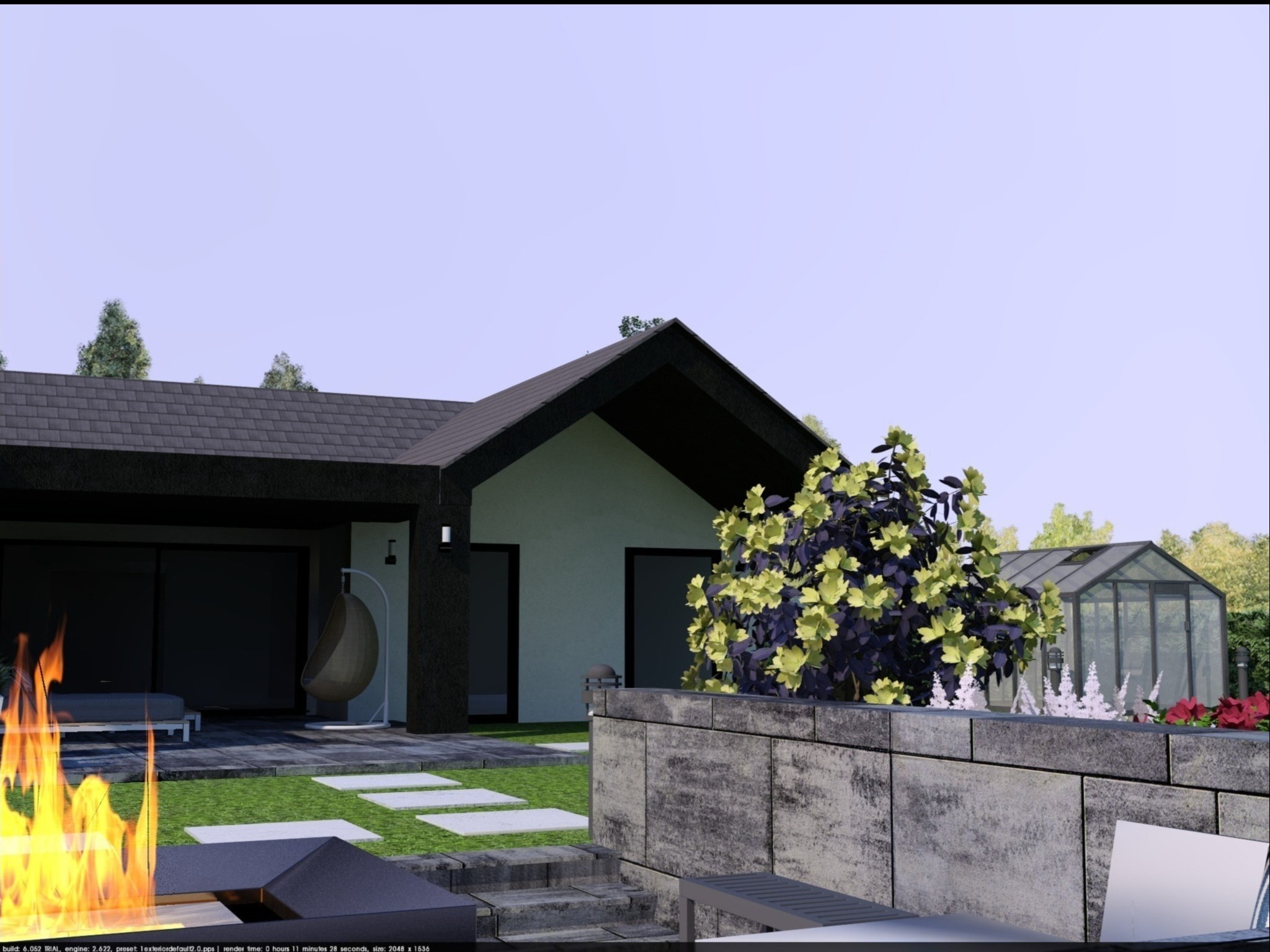 Wizualizacja ogrodu z nowoczesnym domem, paleniskiem i szklarnią w tle. Widoczne kamienne ścieżki, murki i roślinność. Oświetlenie dzienne, perspektywa z poziomu gruntu.