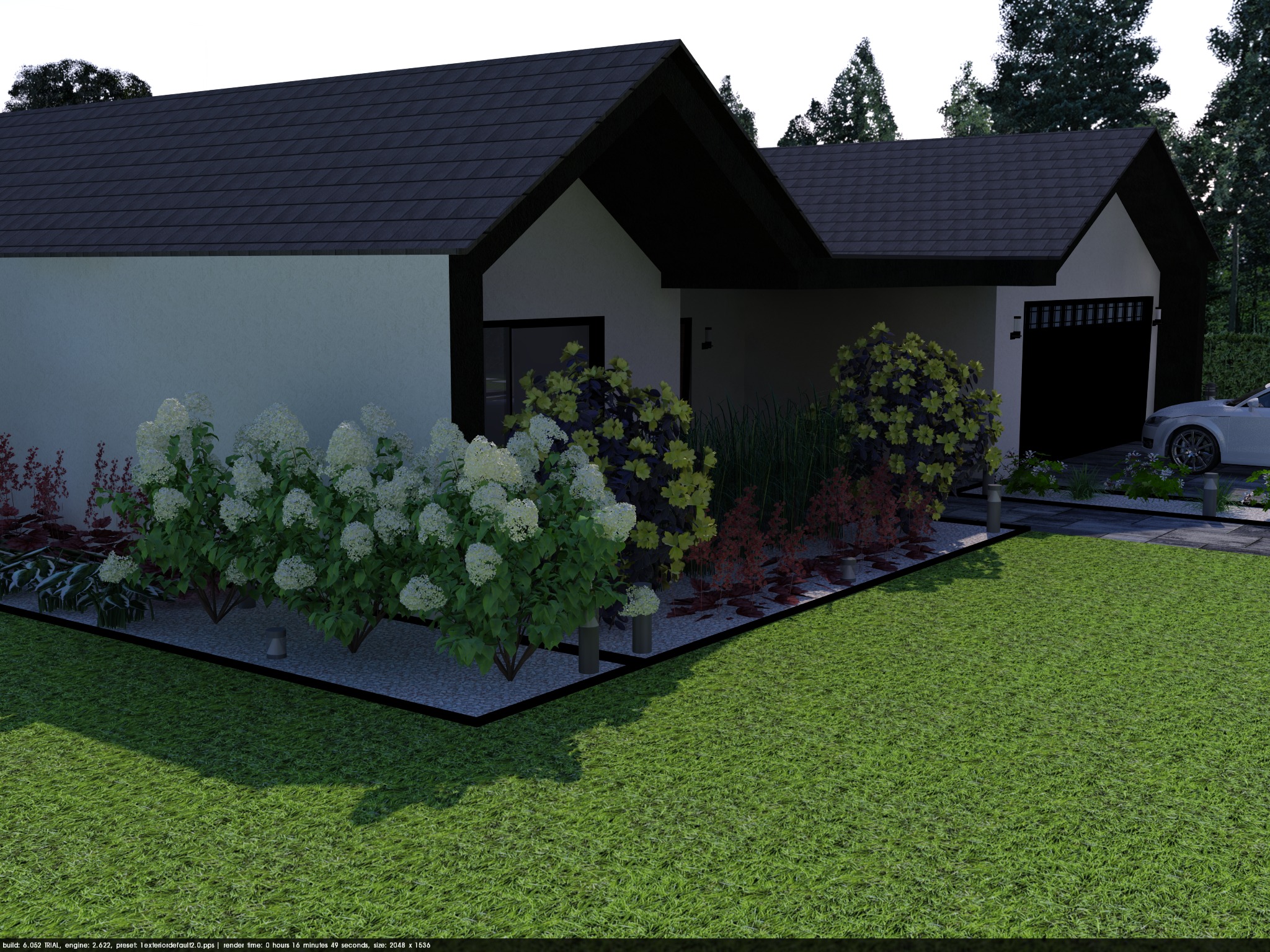 Wizualizacja domu z ogrodem: białe ściany, ciemny dach, hortensje i trawnik. Projekt ogrodu z elementami nowoczesnej architektury.