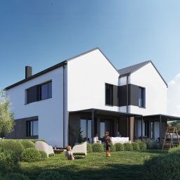 Neuform - Wizualizacja nowoczesnego, dwukondygnacyjnego domu z białymi ścianami i ciemnymi akcentami, z ogrodem, na którym bawią się dzieci. Widoczne meble ogrodowe i huśtawka.