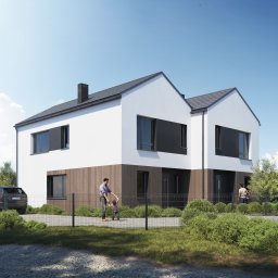 Neuform - Nowoczesny dom dwukondygnacyjny z drewnianą elewacją, czarnymi oknami i dachem. Na pierwszym planie ojciec z dzieckiem spacerują po chodniku. W tle zaparkowane samochody.