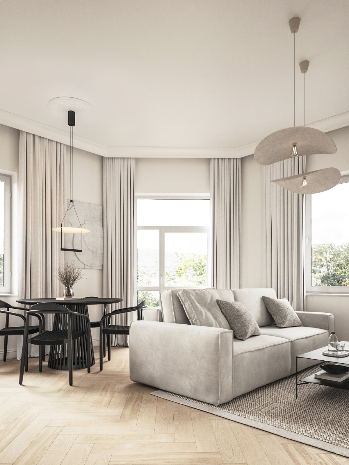 Jasne wnętrze w Świebodzinie: okrągły stół z krzesłami, sofa z poduszkami, dywan i lampy wiszące. Minimalistyczny design, duże okna z widokiem na zieleń.