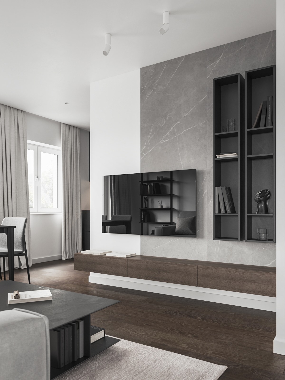 Nowoczesny salon z szarą ścianą w marmurkowe wzory, podwieszaną szafką RTV i czarnymi regałami. Minimalistyczny design z akcentami drewna i subtelnym oświetleniem.